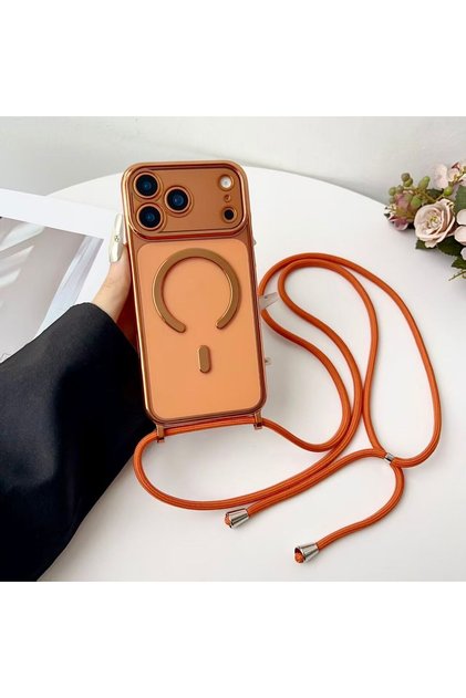 iPhone17 Pro Max Orange Luxury Necklace Cord Rope Lanyard Plating Magnetic Clear Phone Case For iPho