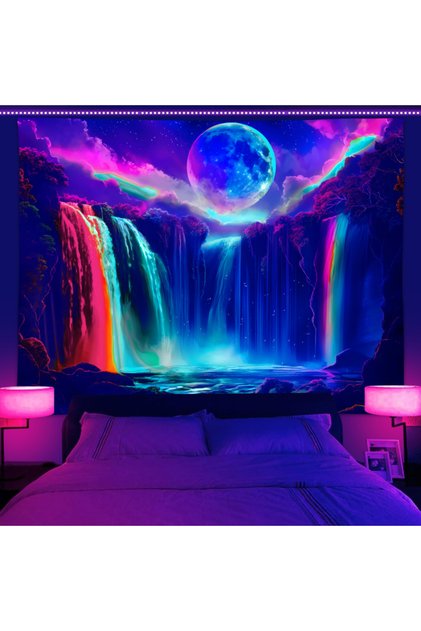 73x95cm GT3924 1PC Colorful Waterfall UV Response tapestry, Moon Night Sky Natural Landscape Black L