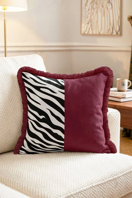 Modern Fringed Throw Pillow Cover with Burgundy and Black and White Zebra Pattern