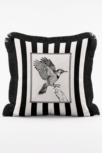 Black and White Striped Vintage Woodpecker Bird Illustration Fringed Throw Pillow Cover
