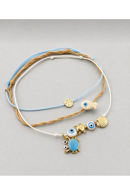 3-Piece Anklet Set with Gold Thread, Blue Thread, Ecru Thread, Evil Eye Beads, Crab and Mussel Figures, Adjustable