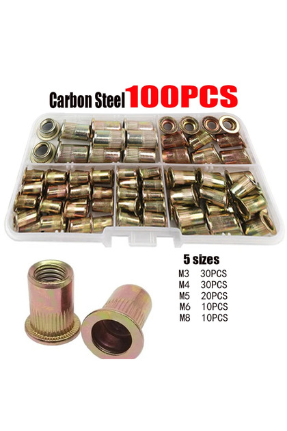 100 قطعة M3-M8 210/165/100 قطعة صواميل برشام صندوقية من الفولاذ الكربوني M4 M5 M6 M8 M10 M12 مجموعة صواميل برشام ذات رأس مسطح