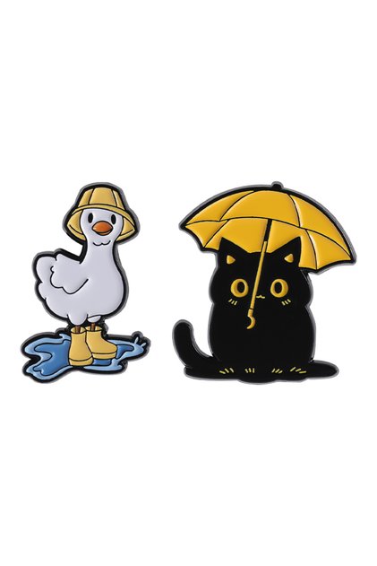 Set Funny Black Cat with Umbrella Enamel Pins Duck With Rain Boots In A Puddle Metal Brooches Lapel