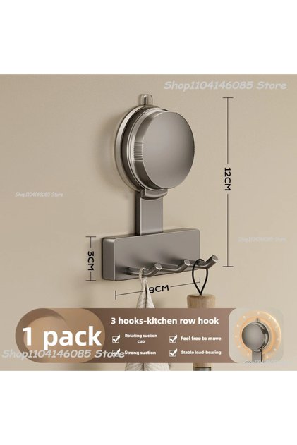 1PCS-Gray Three Reusable Suction Cup Hook Wall Hooks No Punching for Bathroom Kitchen Bedroom Towel