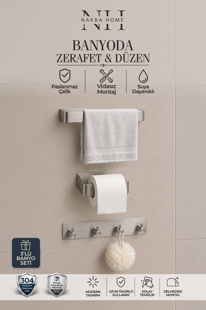3'lü Set ( Paslanmaz Çelik Yapışkanlı Havlu Askısı , Tuvalet Kağıtlığı ve 4'lü Askılık ) Havluluk
