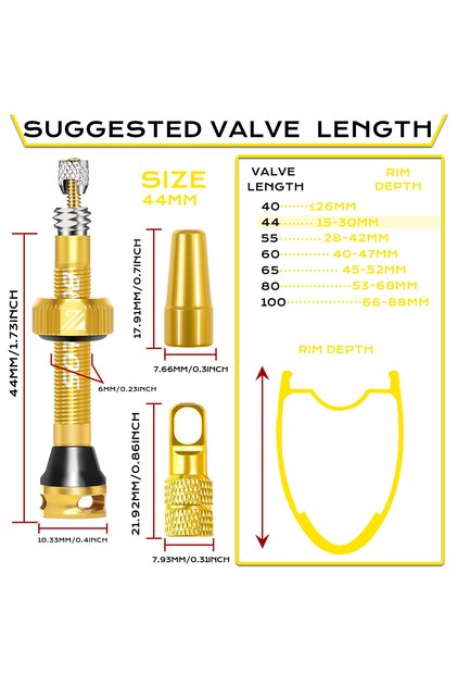 YELLOW-44MM Bicycle Tubeless Valve 40/44/55/60mm Road Bike Tire Valve CNC Aluminum A