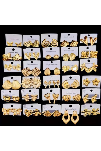 30Pairs Gold Color 10/20/30Pairs Fashion Stainless Steel Heart Flowers Starfish Earrings Set For Wom