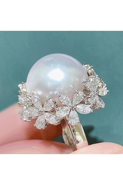 6 A168 Huitan Graceful Imitation Pearl Women Ring Inlaid Brilliant Flower Design CZ Party Wedding Tr