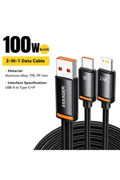 1m A to C and iP Balck 7A 100W 2 in 1 USB Cable USB Type C Fast Charger USB Type C