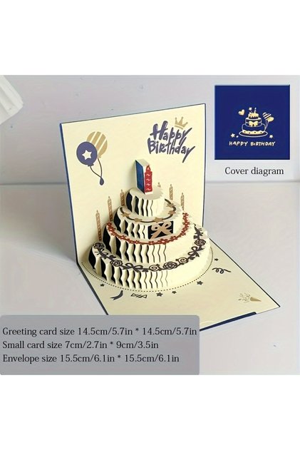 Blue 3D Happy Birthday Card Christmas Gift Card Birthday Cake Pop-Up Greeting with Envelope Christma