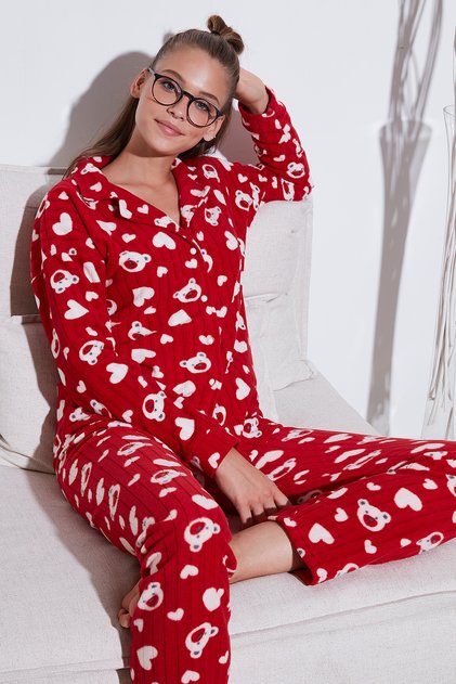 Patterned Standard Fit Buttoned Fleece Comfortable Winter Pajama Set Pajama Set 6095617