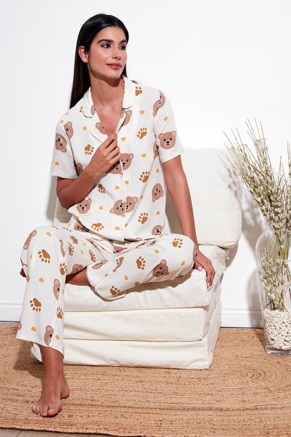 Comfortable Cut Loose Leg Mono Collar Short Sleeve Pajama Set PYJAMAS SET6110290