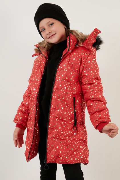 Faux Fur Collar Star Pattern Removable Hooded Plush Lined Winter Coat Girls' M