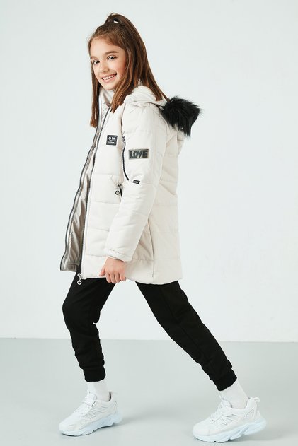 Hooded Coat with Faux Fur Collar and Pockets Girls' COAT 6035054