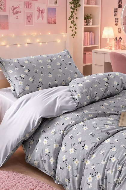 Double-Sided Single Duvet Cover Set with Elastic Sheet Fulya Gray