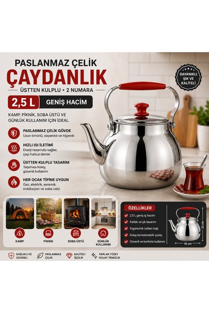 Paslanmaz Çelik Üstten Kulplu Kamp,Piknik,Soba Üstü,Çaydanlık Tek Çaydanlık 2 Numara