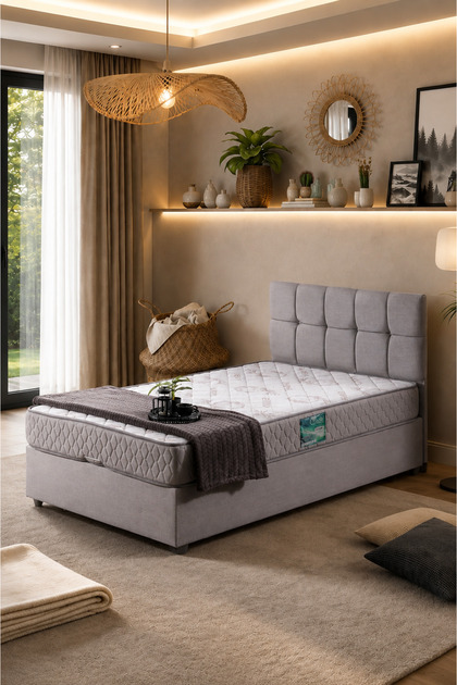 Berlin Tek Kişilik Baza Başlık Comfort Yatak Seti, Açık Gri