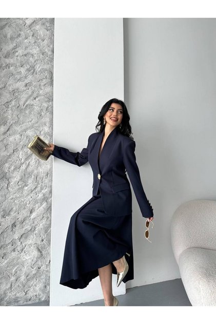 Gold Düğme Blazer Ceket Etek Takım