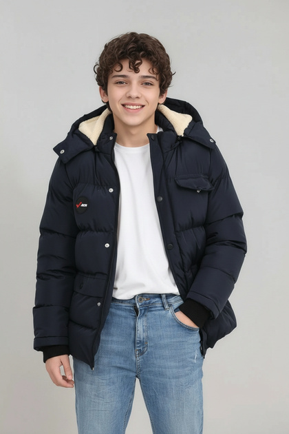 Boys' Winter Fleece-Lined Thick Fiber-Filled Waterproof Hooded Navy Blue Coat