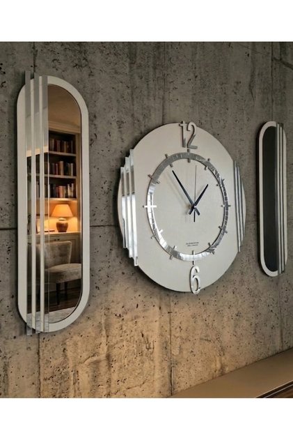 Leonardo Series Açık Gri & Gümüş 3lü Duvar Saati ve Plexsi Ayna Set 40x40cm