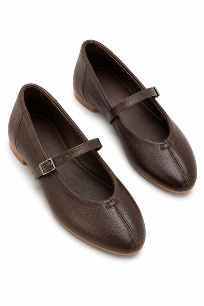 Will Belted Round Toe Genuine Leather Ballerinas Brown