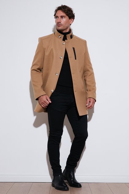 Relaxed Fit Button Mock Neck Cashmere Coat Men's Coat 5840099