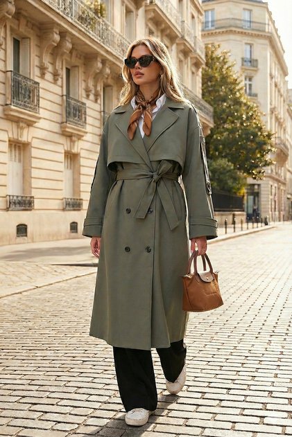 Oversize Fit Double Breasted Collar Buttoned Belted Long Trench Coat Trench Coat 6839476