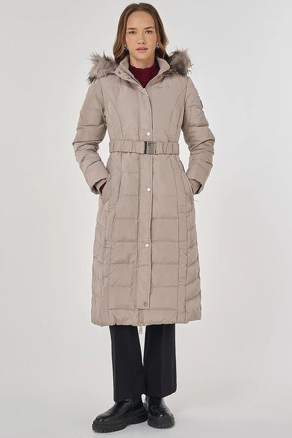Faux Fur Goose down Filled Coat Stone