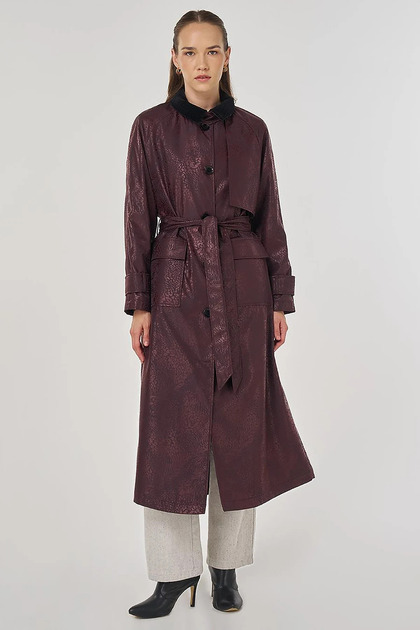Velvet Collar Long Trench Coat Dark Burgundy