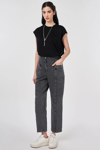 Washable Zippered Denim Trousers Gray