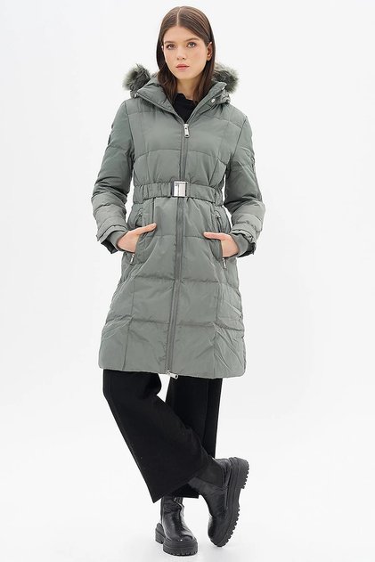 Hooded Goose down Filled Coat in Mold Green
