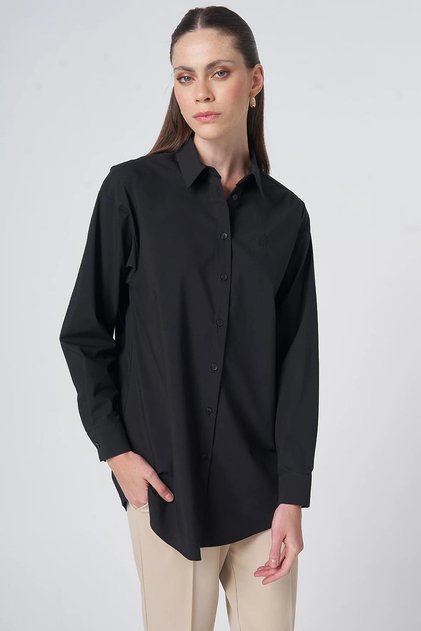 Buttoned Cotton Basic Shirt Black