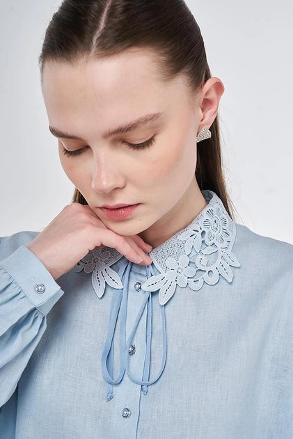 Collar Detail Linen Lyocell Blouse Blue