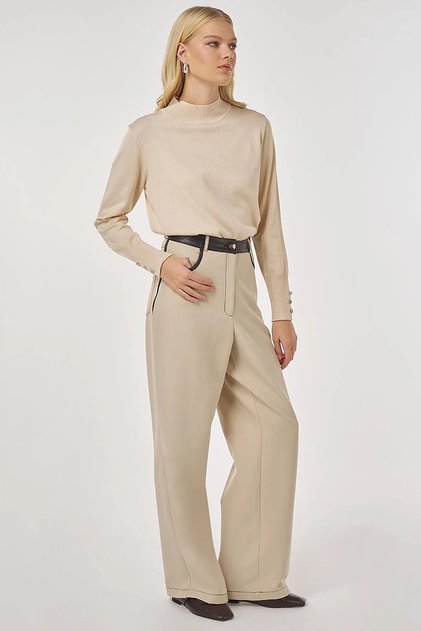 Leather Paneled Fabric Trousers Stone
