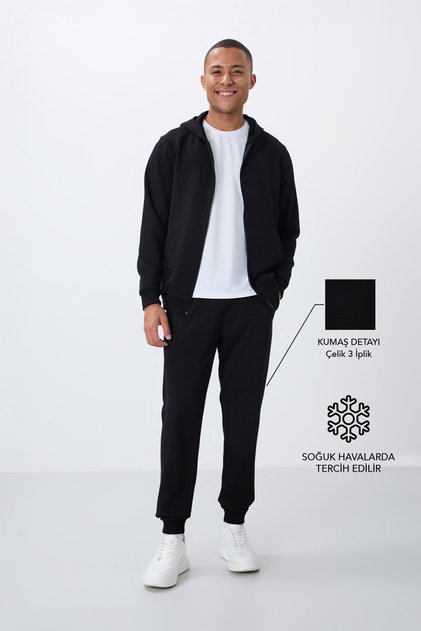 Black Compact Cotton Thick Smooth Textured Hooded Comfort Fit Men's Tracksuit Set - 85262