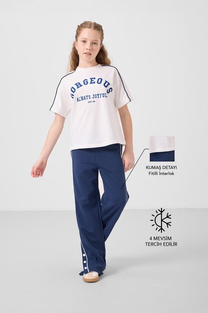 Ecru-Parliament O Neck Printed Wide Leg Snap Detail Girls Palazzo Tracksuit Set - 75172