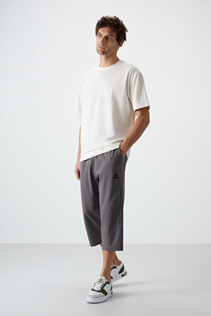 Dark Gray Cotton Soft Textured Standard Fit Embroidered Men's Capri - 83102