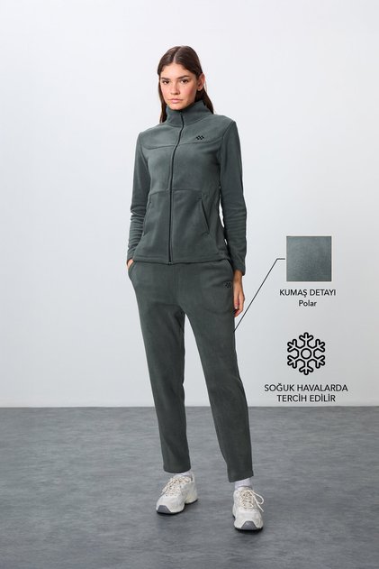 Khaki Thick Soft Textured Stand Collar Standard Fit Embroidered Fleece Women's Tracksuit Set -95339