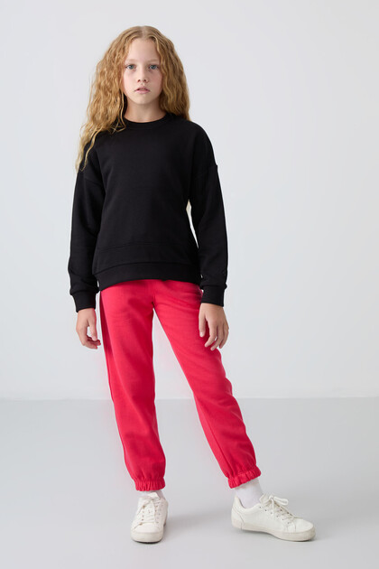 Viva Red Cotton Fleece Inside Soft Textured Standard Fit Embroidered Girls' Sweatpants - 75158