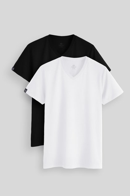 Standard Fit Basic V-Neck 2-Pack Black-White Men's T-Shirt - 87912