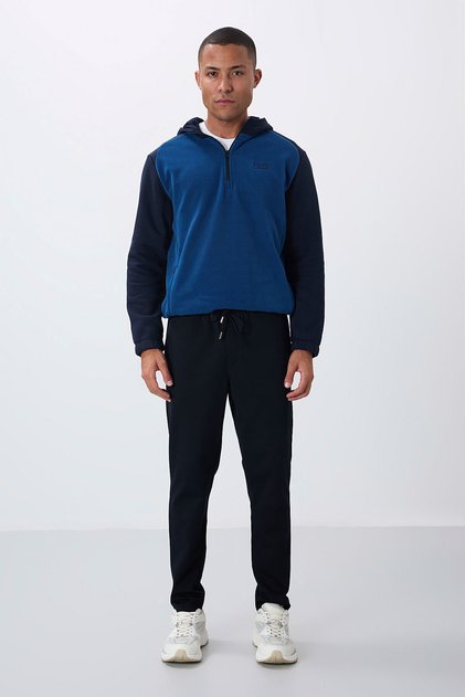Navy Blue Surface Textured Standard Fit Men's Tracksuit Bottom - 82155