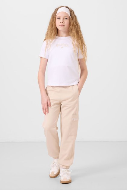 White-Beige O Neck Printed Rubber Leg Cargo Pocket Girl's Tracksuit Suit - 75173