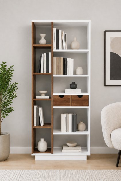 Luma Kitaplık Beyaz Ceviz | 10 Raflı 2 Kapaklı Çok Amaçlı Kitaplık ve Depolama Dolabı