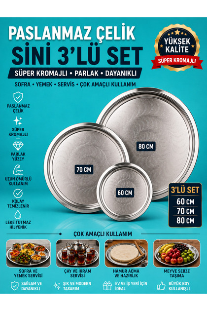 Paslanmaz Çelik Sini Sofra Yemek Tepsisi Süper Kromajlı Sini 60cm,70cm,80cm 3'Lü Set