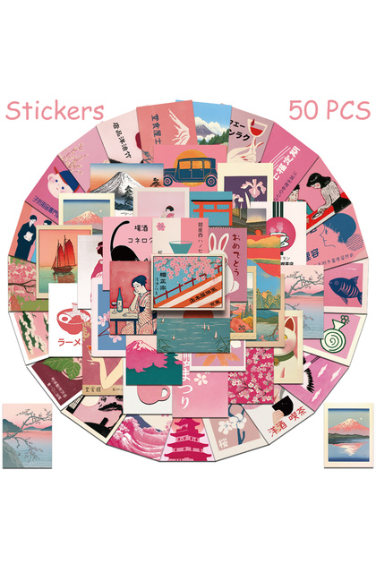 50pcs 50pcs Pink Japanese Retro Aesthetic Stickers Decals For Laptop Bottle Scrapbook Suitcase Wall