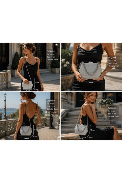Silver Color Big Stone Material Women's Evening Dress Clutch Portfolio Wedding Engagement Henna Evening Bag