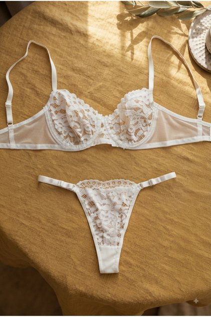 Beyaz Çiçekli Sütyen Takımı Tanga Külotlu Kadın İç Çamaşırı Seti R1010503