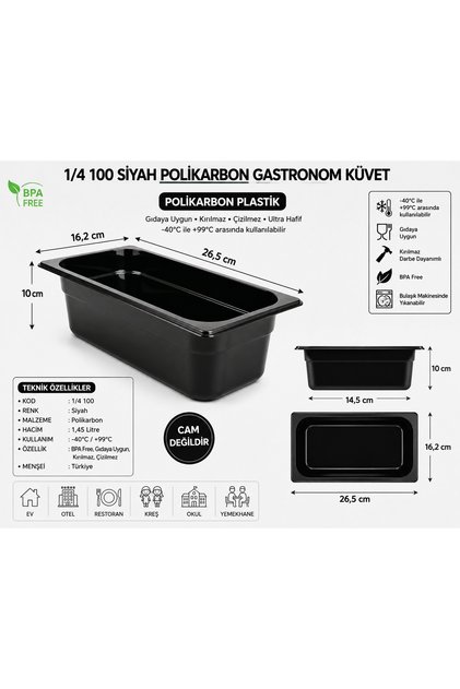 Gn1/4-100 Mm Polikarbon Gastronom Küvet, Siyah