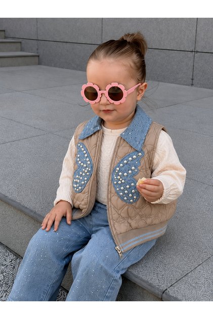 My Little One's Clothes (3-6 Years Old) 3-Piece Girls' Jeans Jewelry Set with Pearl Detailed Butterfly Appliqué and Quilted Vest