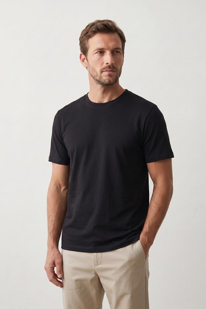 Βαμβακερό T-Shirt Lycra Magic Fit Μαύρο Ανδρικό Basic T-Shirt Συμπαγές Χτενισμένο Βαμβακερό Κοντομάνικο Ελαστικό T-Shirt Ελαστάνη
